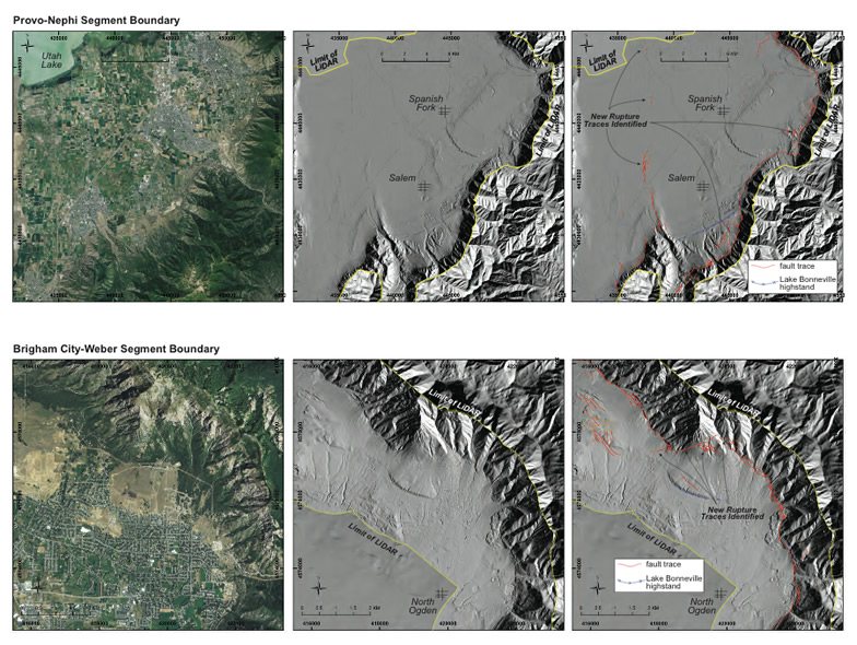 Six panels: satellite images, plain laser-scan hillshade maps and interpreted hillshade maps with red fault lines, at two segment boundaries of the Wasatch fault